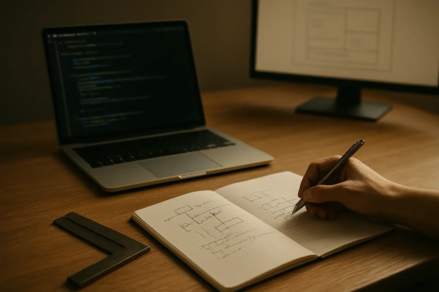 A warm-daylight studio workspace
